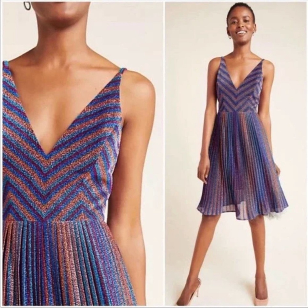Dress the Population Haley Metallic Cobalt Pleated Chevron Dress Medium - Picture 3 of 12